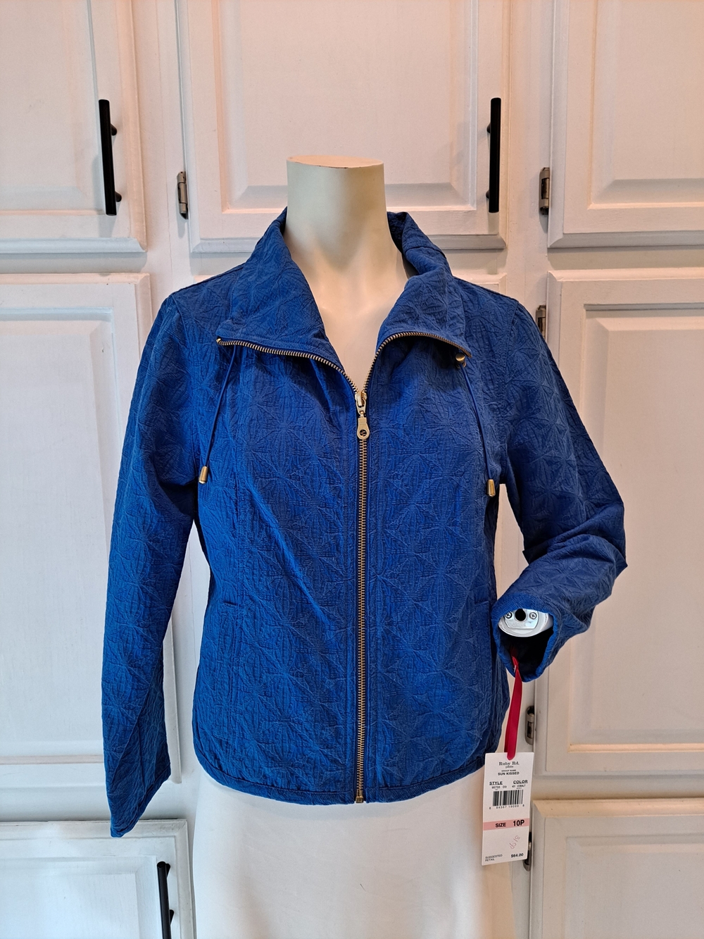 Ruby Rd. Cobalt Blue Quilted Zip-Up Bomber Jacket Pockets Textured NWT